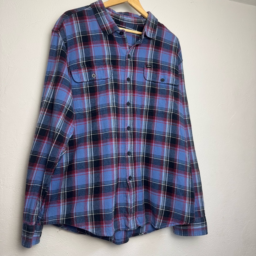 OBEY Worldwide Cotton Blue and Red Flannel Button Down Long Sleeve Shirt